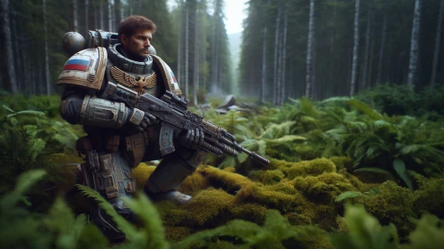 shepard,mercenary,in the tall grass,forest man,plains,ranger,spruce forest,district 9,nomad,cg artwork,grenadier,scifi,sci fi,forest background,undergrowth,digital compositing,patrols,combat medic,sentinel,farmer in the woods