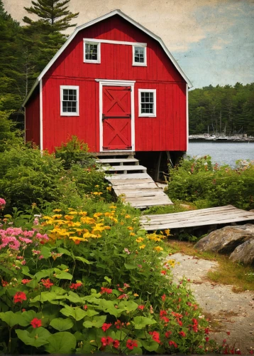 summer cottage,thimble islands,red barn,cottage,maine,boathouse,new england style house,cottagecore,fisherman's house,red roof,new england,boat shed,vermont,home landscape,summer house,boat house,landscape red,garden shed,danish house,small cabin,Illustration,American Style,American Style 10