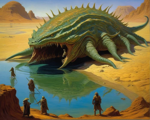 dragon of earth,crocodile,giant lizard,crocodile woman,cynorhodon,guards of the canyon,salt water crocodile,real gavial,wyrm,scaled reptile,scale lizards,gavial,water creature,green dragon,sea monsters,crocodilia,basilisk,sci fiction illustration,heroic fantasy,landmannahellir,Illustration,Realistic Fantasy,Realistic Fantasy 03