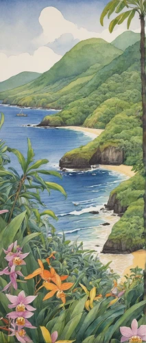 beach landscape,coastal landscape,molokai,ascension island,robert duncanson,an island far away landscape,landscape with sea,maui,coffee bay,carol colman,beach scenery,carbis bay,cliff beach,mountain beach,la perouse,kalua,isle of may,paparoa national park,oahu,sea landscape,Illustration,Realistic Fantasy,Realistic Fantasy 31