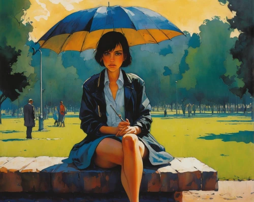 summer umbrella,girl sitting,woman sitting,oil painting on canvas,oil painting,man with umbrella,girl in a long,brolly,blue rain,girl with bread-and-butter,asian umbrella,overhead umbrella,the girl at the station,woman thinking,japanese woman,woman at cafe,vietnamese woman,shirakami-sanchi,parasols,umbrellas,Illustration,Realistic Fantasy,Realistic Fantasy 06