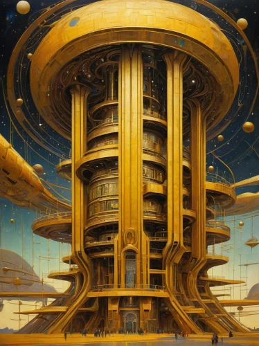 panopticon,sci fiction illustration,science fiction,apiarium,tower of babel,science-fiction,copernican world system,golden scale,mandelbulb,orrery,compans-cafarelli,hub,hive,kryptarum-the bumble bee,futuristic architecture,gas planet,prejmer,auqarium,panoramical,saturn relay,Art,Artistic Painting,Artistic Painting 32