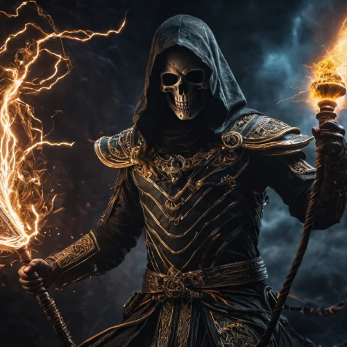 massively multiplayer online role-playing game,death god,grimm reaper,flickering flame,dance of death,fire background,dodge warlock,undead warlock,burning torch,grim reaper,fire master,the white torch,raider,hooded man,igniter,torch-bearer,skeleltt,reaper,visual effect lighting,digital compositing,Photography,General,Fantasy