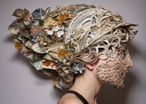 paper art,human head,scrap sculpture,skull sculpture,plastic arts,headpiece,human brain,recycled paper,recycled paper with cell,vanitas,bicycle helmet,assemblage,sculptor ed elliott,png sculpture,anatomical,hatmaking,woman's hat,plastic waste,the hat of the woman,heads,Illustration,American Style,American Style 04