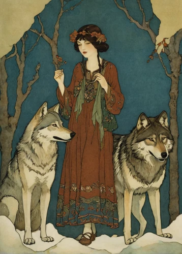 kate greenaway,mucha,girl with dog,arthur rackham,suit of the snow maiden,vintage illustration,red riding hood,fairy tales,the snow queen,laika,two wolves,the three magi,children's fairy tale,lilian gish - female,canidae,howling wolf,sled dog,woodland animals,wolves,lillian gish - female,Illustration,Retro,Retro 17