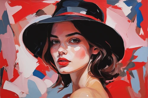 girl wearing hat,red hat,panama hat,woman's hat,the hat-female,oil painting on canvas,red cap,trilby,painting technique,girl portrait,italian painter,art painting,on a red background,oil painting,the hat of the woman,hat,red paint,painting,digital painting,sun hat,Conceptual Art,Oil color,Oil Color 18