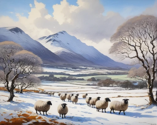 winter landscape,wool sheep,snow landscape,snowy landscape,wensleydale,landseer,glenclova,scottish highlands,sheep portrait,snow scene,sheepdog trial,sheep knitting,falkland,lake district,glencoe,the sheep,highlands,wild sheep,shepherds,snow fields,Illustration,Japanese style,Japanese Style 10