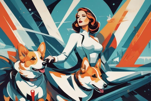 basenji,corgis,american foxhound,welsh springer spaniel,art deco woman,cardigan welsh corgi,transistor,welsh cardigan corgi,pembroke welsh corgi,the pembroke welsh corgi,dog illustration,english foxhound,art deco,sci fiction illustration,beagle,ibizan hound,welsh corgi,art deco background,hound dogs,atomic age,Conceptual Art,Sci-Fi,Sci-Fi 06