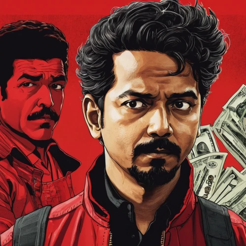 money heist,lando,cholado,jackal,red banner,cg artwork,vector art,vector illustration,che,on a red background,vector graphic,solo,detail shot,bandit,tony stark,greed,red background,fan art,bodhi,film poster,Illustration,Retro,Retro 11