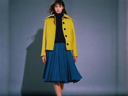 overcoat,coat color,trench coat,three primary colors,long coat,coat,woman in menswear,menswear for women,yellow and blue,trend color,sailing blue yellow,model years 1958 to 1967,mazarine blue,yellow mustard,old coat,dress walk black,nautical colors,vintage fashion,asymmetric cut,overskirt,Conceptual Art,Sci-Fi,Sci-Fi 08