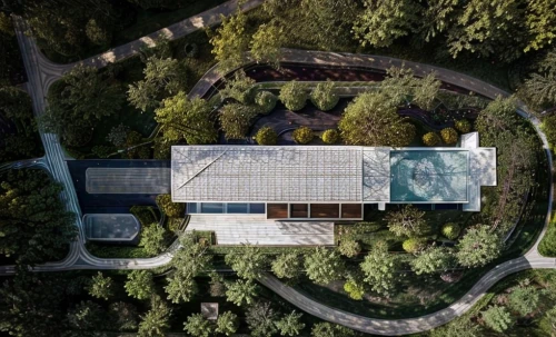 hahnenfu greenhouse,house in the forest,greenhouse cover,the old botanical garden,roof landscape,dji agriculture,view from above,home of apple,palm house,japanese zen garden,from above,bird's-eye view,drone image,forest chapel,mavic 2,futuristic art museum,tiergarten,arboretum,forest workplace,dji mavic drone,Landscape,Landscape design,Landscape Plan,Realistic