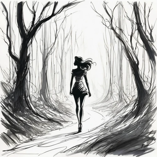 ballerina in the woods,girl walking away,forest walk,woman walking,wander,girl with tree,slender,the woods,haunted forest,girl in a long,game drawing,forest path,dryad,digital illustration,hand-drawn illustration,in the forest,hollow way,stroll,trail,run away,Illustration,Black and White,Black and White 08