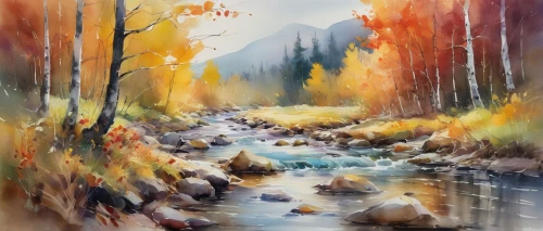 autumn landscape,fall landscape,watercolor background,autumn background,autumn forest,watercolor,watercolor painting,river landscape,autumn mountains,autumn colouring,flowing creek,water color,autumn scenery,autumn theme,autumn idyll,autumn day,mountain river,autumnal,a river,autumn colors,Illustration,Paper based,Paper Based 11