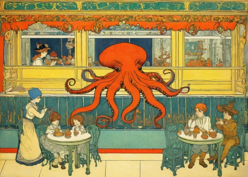 portuguese galley,galley,octopus,breakfast on board of the iron,seafood counter,cephalopod,king crab,tureen,fun octopus,giant squid,dining,cephalopods,vintage illustration,a restaurant,cookery,book illustration,fine dining restaurant,the people in the sea,fruits of the sea,tea service,Illustration,Retro,Retro 11
