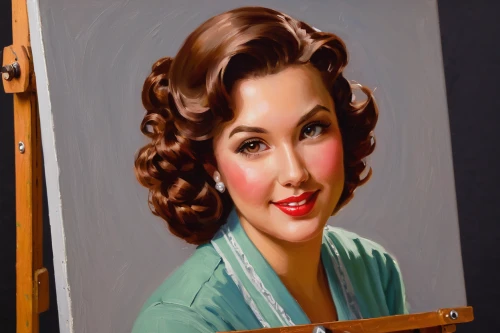 painting technique,meticulous painting,oil painting,photo painting,italian painter,jane russell-female,art painting,retro pin up girl,oil paint,oil painting on canvas,easel,painting,pin-up girl,pin up girl,vintage female portrait,painting work,artist portrait,art deco woman,vintage art,shirley temple,Illustration,Retro,Retro 09