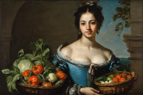 woman holding pie,picking vegetables in early spring,woman eating apple,sofrito,portrait of a woman,fresh vegetables,girl in the kitchen,fruits and vegetables,crudités,vegetables landscape,vegetables,cooking vegetables,fruit vegetables,melons,portrait of a girl,young woman,tomatos,grocer,vegetable basket,fresh produce,Art,Classical Oil Painting,Classical Oil Painting 35