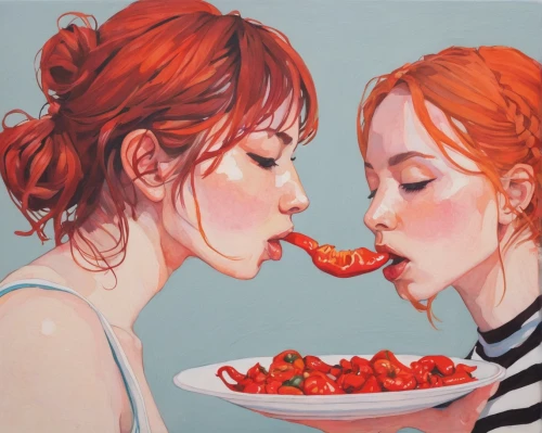 tomatos,strawberries,redheads,heart cherries,appetite,strawberry,cherries,eat away,red peppers,to taste,sweet cherries,salad of strawberries,tomatoes,two girls,licking,red strawberry,cherry tomatoes,sweet taste,oil painting on canvas,girl kiss,Illustration,Paper based,Paper Based 19