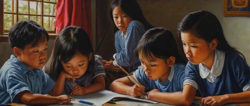 children studying,children drawing,children learning,school children,oil painting on canvas,oil painting,art painting,viet nam,cơm tấm,nước chấm,little girl reading,mì quảng,han thom,home schooling,chạo tôm,pham ngu lao,kaew chao chom,nomadic children,school enrollment,girl studying,Illustration,Realistic Fantasy,Realistic Fantasy 22