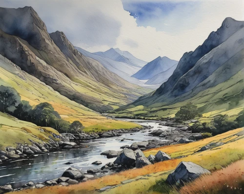 glencoe,highlands,scottish highlands,gap of dunloe,mountain stream,brook landscape,river landscape,isle of skye,autumn mountains,mountain river,mountain landscape,salt meadow landscape,mountain valleys,mountainous landscape,watercolor background,valley,watercolour,mountain valley,glenclova,scotland,Illustration,American Style,American Style 08