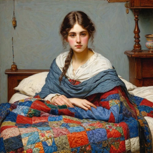 woman on bed,girl in bed,blue pillow,girl with cloth,girl in cloth,portrait of a girl,young woman,la violetta,the girl in nightie,portrait of a woman,bed,young girl,bedding,quilt,young lady,comforter,bed linen,depressed woman,girl in a long,duvet,Illustration,Black and White,Black and White 06