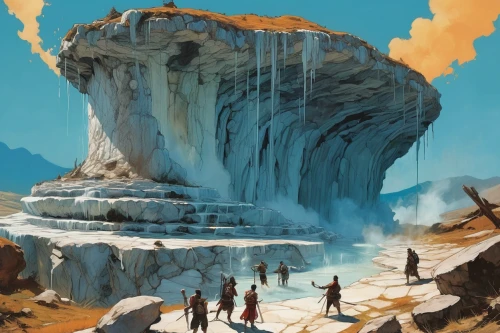 chasm,guards of the canyon,the blue caves,glacier cave,karst landscape,ice cave,ice planet,fallen giants valley,blue caves,falls of the cliff,sea caves,ice castle,limestone cliff,split rock,geyser strokkur,futuristic landscape,stalagmite,geyser,glacial melt,wasserfall,Conceptual Art,Oil color,Oil Color 04