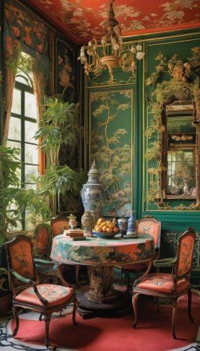 ornate room,breakfast room,china cabinet,napoleon iii style,danish room,dining room,billiard room,sitting room,rococo,damask,antique furniture,oriental painting,dining room table,chinaware,great room,interior decor,venice italy gritti palace,moroccan pattern,dining table,baroque,Illustration,Paper based,Paper Based 16