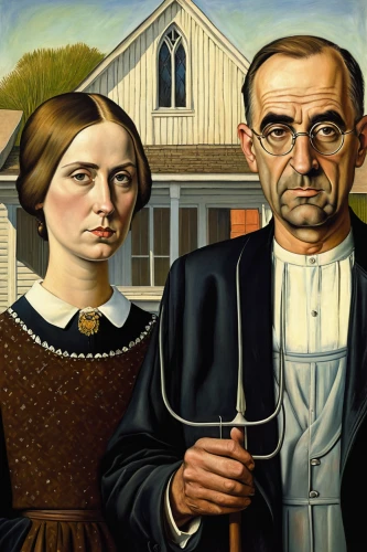 american gothic,grant wood,man and wife,david bates,gothic portrait,church painting,wright brothers,contemporary witnesses,two people,young couple,man and woman,mother and father,old couple,grandparents,husband and wife,as a couple,house painting,postmasters,arrowroot family,mobster couple,Illustration,Retro,Retro 06