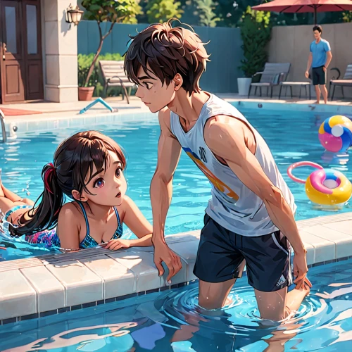 kawaii people swimming,water fight,swimming pool,pool,jumping into the pool,outdoor pool,water park,water game,swimming,summer day,swim ring,pool water,summer party,swim,honmei choco,summer icons,boy and girl,water games,girl and boy outdoor,young swimmers,Anime,Anime,General