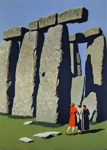megalithic,megaliths,stonehenge,lanyon quoit,megalith,standing stones,neo-stone age,background with stones,stone circle,neolithic,druids,stone henge,dolmen,burial chamber,stone circles,stone age,spring equinox,stone towers,travel poster,archaeology,Illustration,Retro,Retro 15