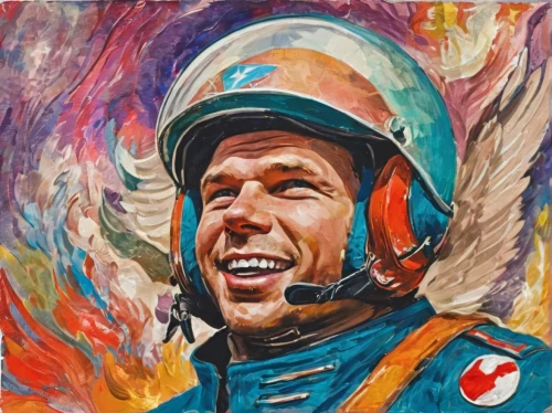 yuri gagarin,cosmonaut,el capitan,spaceman,sachin tendulkar,high-wire artist,laughing horse,astronaut,jockey,frank sinatra,rossi,skydiver,bazlama,1967,muhammad ali,flagman,1971,mohammed ali,figure of paragliding,astronautics,Conceptual Art,Oil color,Oil Color 21