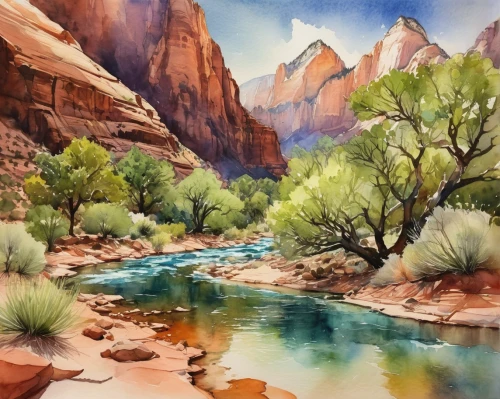 watercolor background,zion national park,water color,red rock canyon,watercolor painting,river landscape,desert landscape,watercolor,zion,desert desert landscape,water colors,sedona,navajo bay,canyon,watercolors,mountain river,grand canyon,watercolor paint,watercolor sketch,arizona,Illustration,Realistic Fantasy,Realistic Fantasy 15