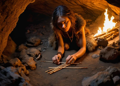 cave girl,fire artist,aboriginal culture,neolithic,iron age hut,shamanism,prehistoric art,bamboo flute,runes,dulcimer,shamanic,anasazi,indigenous culture,cave man,aborigine,bushcraft,incenses,hammered dulcimer,woman playing,joss stick,Illustration,American Style,American Style 08