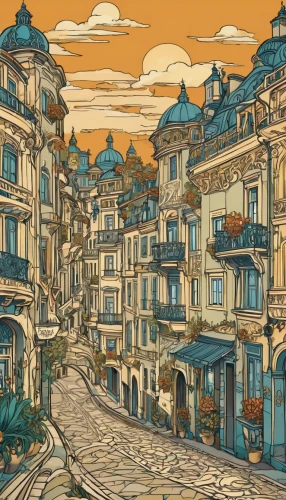 meteora,bukchon,ancient city,porto,wooden houses,escher village,townhouses,old city,maya city,townscape,jaffa,stone town,art nouveau,medieval town,gangneoung,medina,souk,gobelin,medieval street,old havana,Illustration,Retro,Retro 13