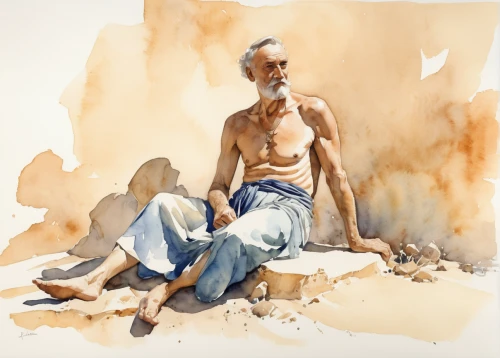 bedouin,male poses for drawing,man at the sea,khokhloma painting,watercolour,elderly man,sadhu,indian sadhu,watercolor painting,sadhus,figure drawing,watercolor,italian painter,samaritan,watercolor background,apulia,indian monk,advertising figure,watercolor sketch,indian art,Illustration,American Style,American Style 08