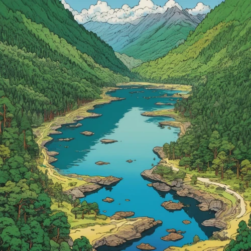 river landscape,japanese alps,mountain river,lake tanuki,mountainous landscape,a river,japan landscape,japanese mountains,landscape background,mountain landscape,hokkaido,mountain lake,mountainlake,mountain spring,mountain scene,moraine,mountain valley,the chubu sangaku national park,fjords,nature landscape,Illustration,Japanese style,Japanese Style 10