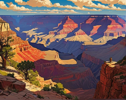 grand canyon,bright angel trail,south rim,canyon,fairyland canyon,united states national park,nationalpark,cliff dwelling,hoodoos,travel poster,national park,zion,guards of the canyon,western united states,panoramic landscape,anasazi,american frontier,arizona,angel's landing,mountainous landforms,Illustration,Realistic Fantasy,Realistic Fantasy 12