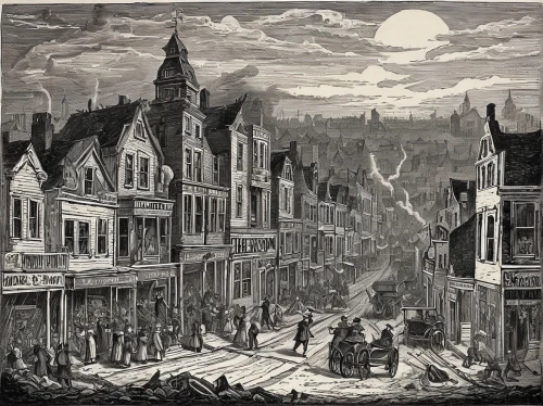 night scene,halloween scene,july 1888,townscape,eastgate street chester,vintage halloween,old street,19th century,the victorian era,bethlehem,xix century,destroyed city,de ville,victorian,black city,old linden alley,whitby,street scene,engraving,halloween and horror,Art,Classical Oil Painting,Classical Oil Painting 39