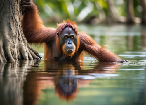 orangutan,orang utan,borneo,kalimantan,palm oil,perched on a log,snorkel,tropical animals,watering hole,uakari,belize zoo,primate,animal photography,reflection in water,mandrill,sumatra,wading,water reflection,paddling,great apes,Unique,3D,Panoramic