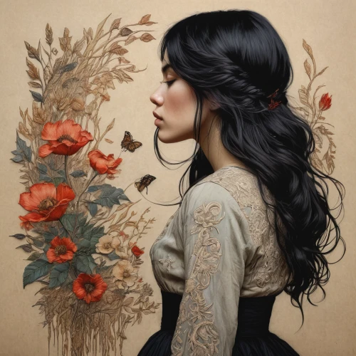 wilted,dry bloom,romantic portrait,fantasy portrait,girl in flowers,scent of roses,mystical portrait of a girl,kahila garland-lily,beautiful girl with flowers,rosa ' amber cover,dried flower,flora,vanessa (butterfly),fallen petals,jasmine blossom,windflower,boho art,passion bloom,flower arranging,with roses,Photography,General,Natural
