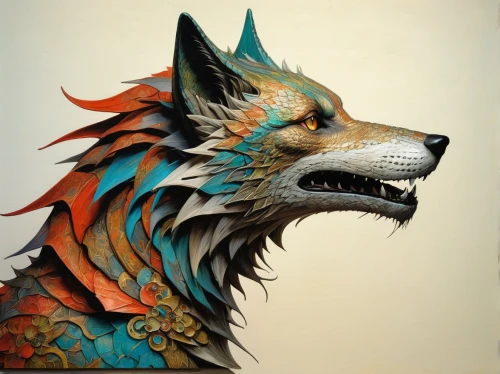 canidae,howl,howling wolf,painted dragon,wolf,constellation wolf,fantasy art,wolves,fantasy portrait,kitsune,anthropomorphized animals,redfox,furta,gryphon,snarling,animal portrait,barong,fractalius,canines,heraldic animal,Conceptual Art,Sci-Fi,Sci-Fi 12