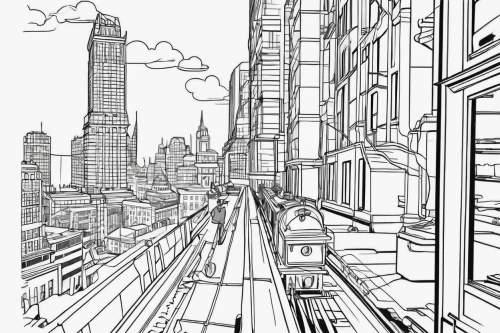 coloring page,mono-line line art,coloring pages,skytrain,sky train,office line art,line drawing,mono line art,line-art,elevated railway,city scape,tramway,metropolises,light rail,tall buildings,line art,animal line art,streetcar,arrow line art,city buildings,Illustration,Black and White,Black and White 04