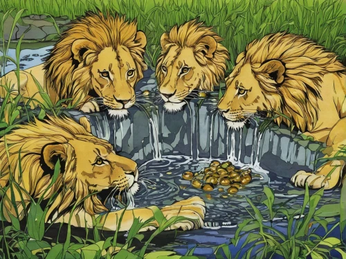 male lions,watering hole,lions,water hole,serengeti,lion fountain,lion children,tanzania,masai lion,oil painting on canvas,safari,white lion family,tropical animals,african lion,amazonian oils,king of the jungle,forest king lion,khokhloma painting,lions couple,kenya africa,Illustration,Japanese style,Japanese Style 13