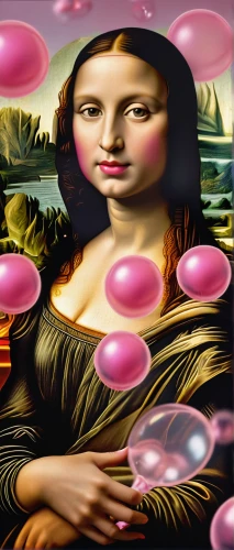 girl with cereal bowl,woman holding pie,mona lisa,woman eating apple,computer art,digiart,computer graphics,woman with ice-cream,the mona lisa,water pearls,guava,woman thinking,dot,woman holding a smartphone,dal,maraschino,mortadella,surrealism,wet water pearls,dimensional