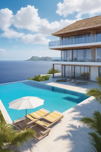 holiday villa,luxury property,infinity swimming pool,3d rendering,tropical house,dunes house,pool house,beach house,the balearics,lavezzi isles,ocean view,uluwatu,render,luxury real estate,floating island,beachhouse,balearic islands,luxury home,seaside view,dream beach,Illustration,Realistic Fantasy,Realistic Fantasy 24