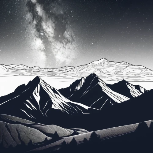 mountains,snowy peaks,snow mountains,snowy mountains,mountain ranges,braided river,backgrounds,high mountains,giant mountains,himalayas,borealis,earth rise,background image,moutains,the landscape of the mountains,mont blanc,mountain range,mountain,mountainous landscape,andes,Illustration,Black and White,Black and White 04