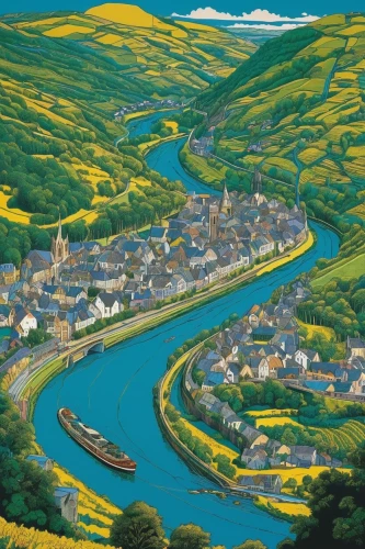 cornwall,yorkshire,escher village,river landscape,exmoor,moselle river,wales,devon,aberdeenshire,normandie region,spa town,normandy,meanders,the valley of the,moselle,derbyshire,rhine river,stirling town,bretagne,ardennes,Illustration,Black and White,Black and White 20