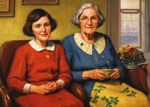 1940 women,old couple,two girls,grandparents,women at cafe,young women,barbara millicent roberts,knitting,woman drinking coffee,pensioners,young couple,elderly people,domestic life,nanas,contemporary witnesses,grandmother,grant wood,older person,as a couple,woman holding pie,Illustration,Realistic Fantasy,Realistic Fantasy 32
