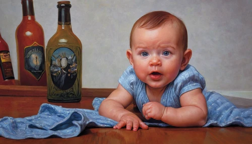 oil painting,young wine,oil painting on canvas,infant,child portrait,bottle of wine,oils,diabetes in infant,baby food,a bottle of wine,oil on canvas,child crying,baby playing with food,christ child,wine bottle,cute baby,baby's tears,baby crying,baby bottle,infant baptism,Illustration,Retro,Retro 14