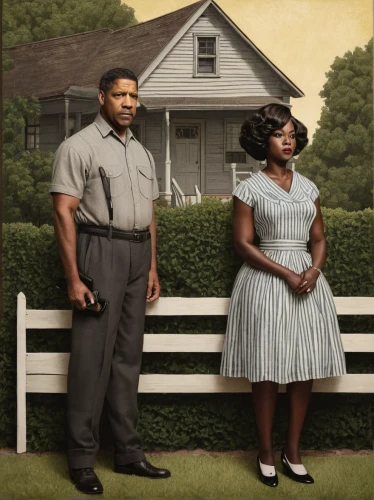 black couple,american gothic,vintage man and woman,afroamerican,grandparents,dogwood family,home ownership,homeownership,afro-american,fences,bough,house trailer,mother and grandparents,man and wife,picket fence,afro american,man and woman,neighbors,jackie robinson,the stake,Illustration,Abstract Fantasy,Abstract Fantasy 05