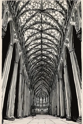 colonnade,abbaye de belloc,vaulted ceiling,aisle,cd cover,haunted cathedral,hall roof,entablature,hall of the fallen,cloister,roof structures,cathedral,arcades,gothic architecture,buttress,burr truss,arches,escher,symmetrical,passage,Illustration,Black and White,Black and White 10